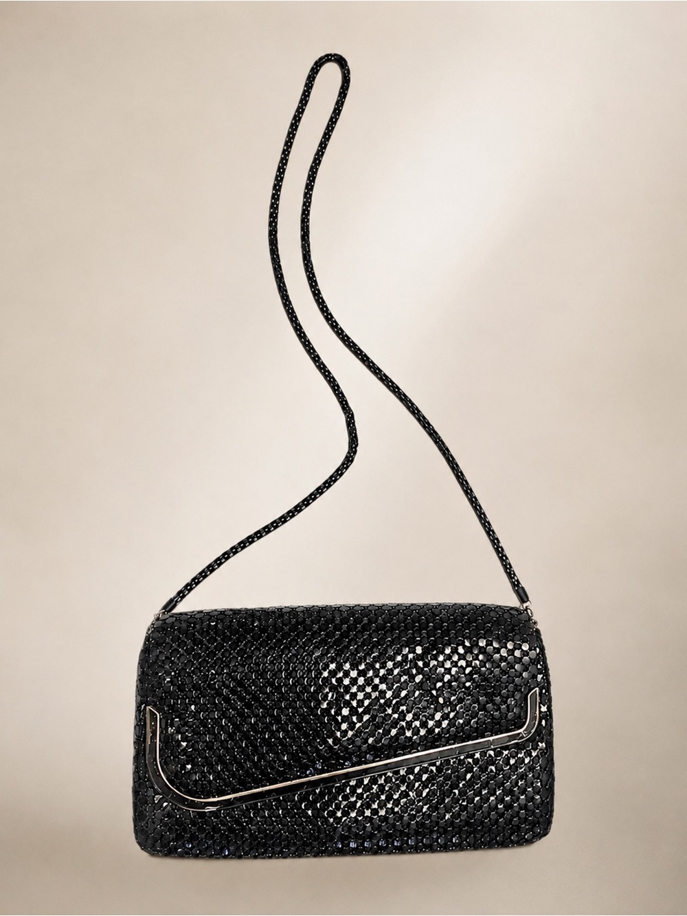 VTG Black Metal Sequin Mesh Clutch w Metallic Flap Trim & Removable Mesh Strap - Picture 5 of 16